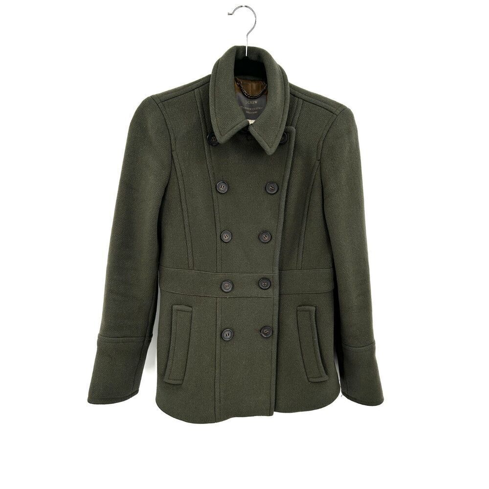J. CREW Stadium Cloth Nello Gori *Flawed Olive Green Wool Double Breasted Coat 2